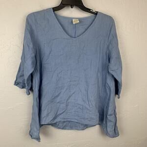 Match Point Top Womens Large Blue 100% Linen V Neck 3/4 Sleeve Lagenlook